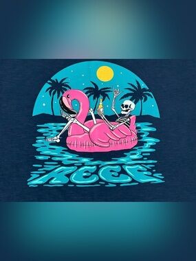 XL Mens REEF Blue Tee Shirt Top 2-Sided Skeleton Beer Beach Flamingo Summerween